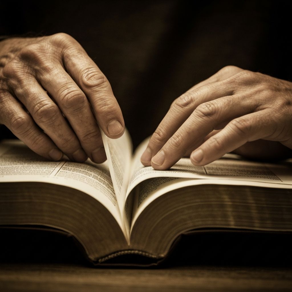 Hands turning ancient Bible pages